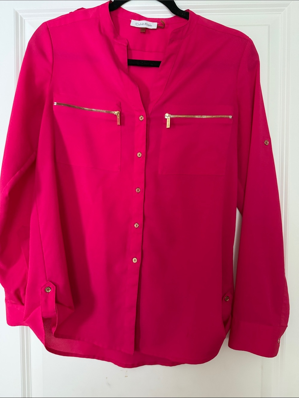 Calvin Klein Bright Hot Pink Button-Front Blouse with Gold Zippers